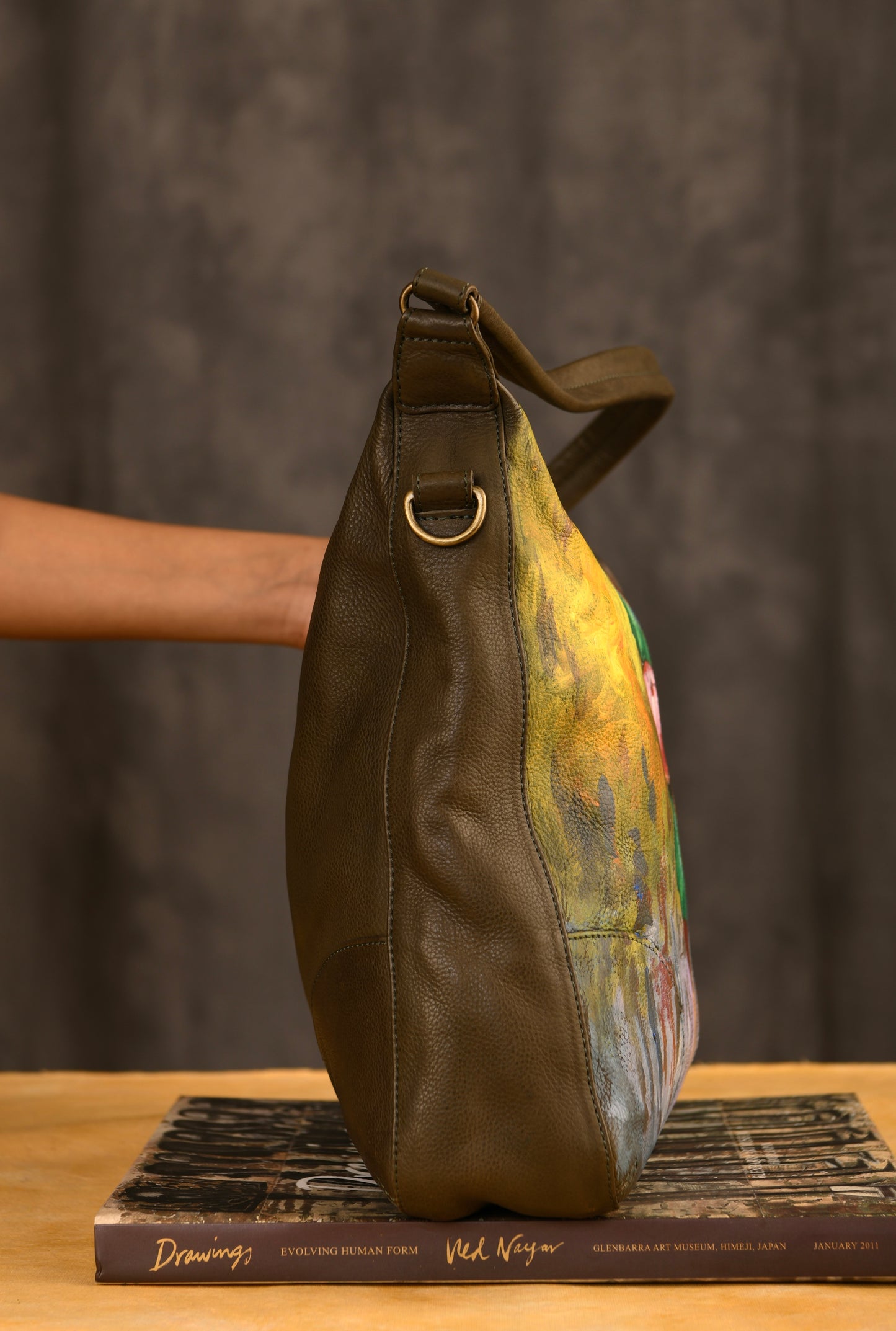 "A Rainy Day" Hand painted Leather Hobo Bag