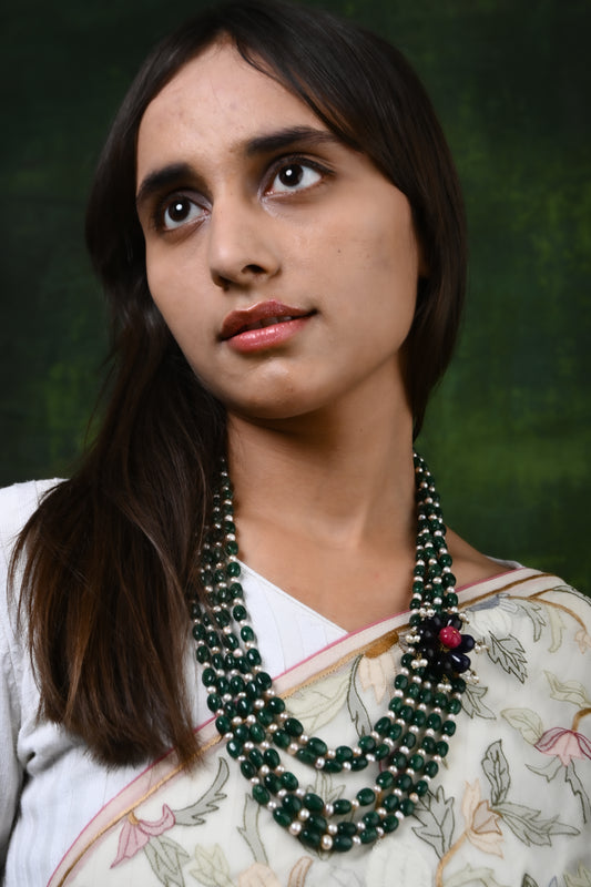 Flower In The Garden Emerald Green And Pearl Necklace