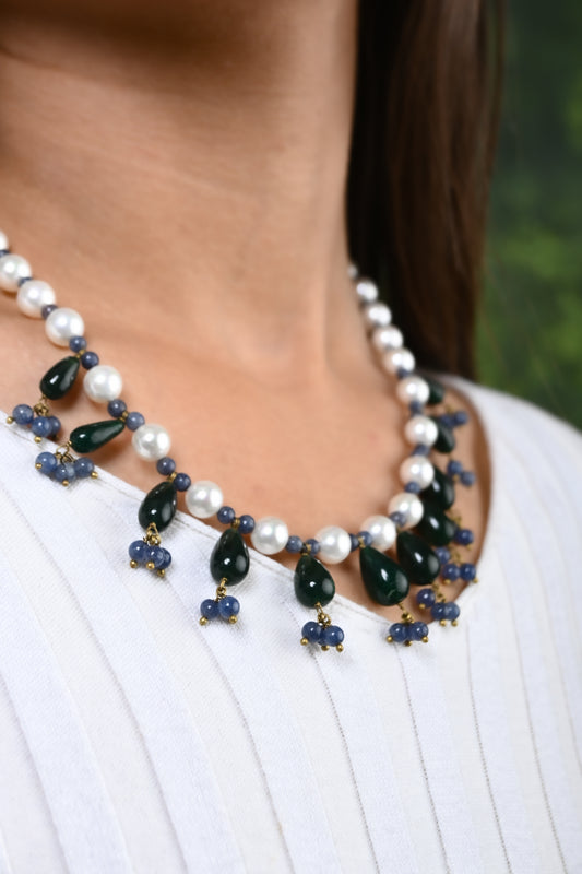 Pearl, Green And Aquamarine  Blue Necklace