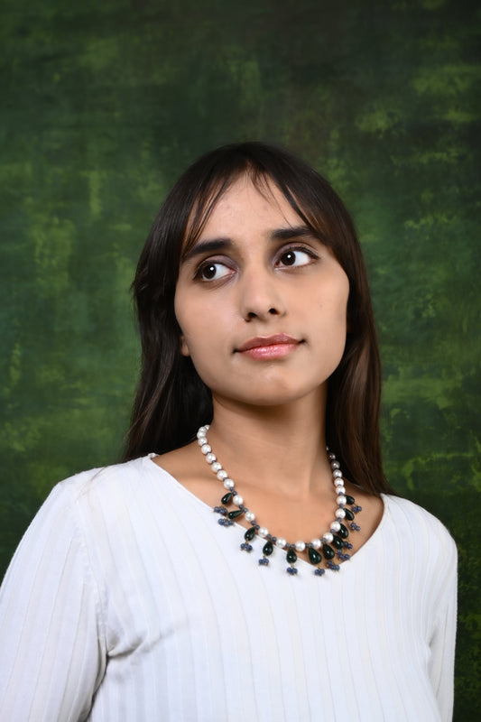 Pearl, Green And Aquamarine  Blue Necklace