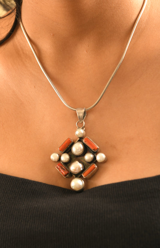 Silver Pearl And Coral Pendant