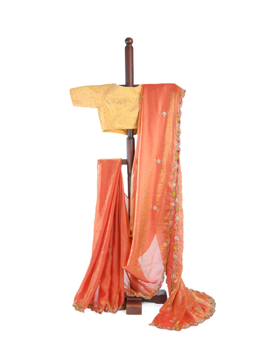 Rust Orange Hand Embroidered Sequin Sari