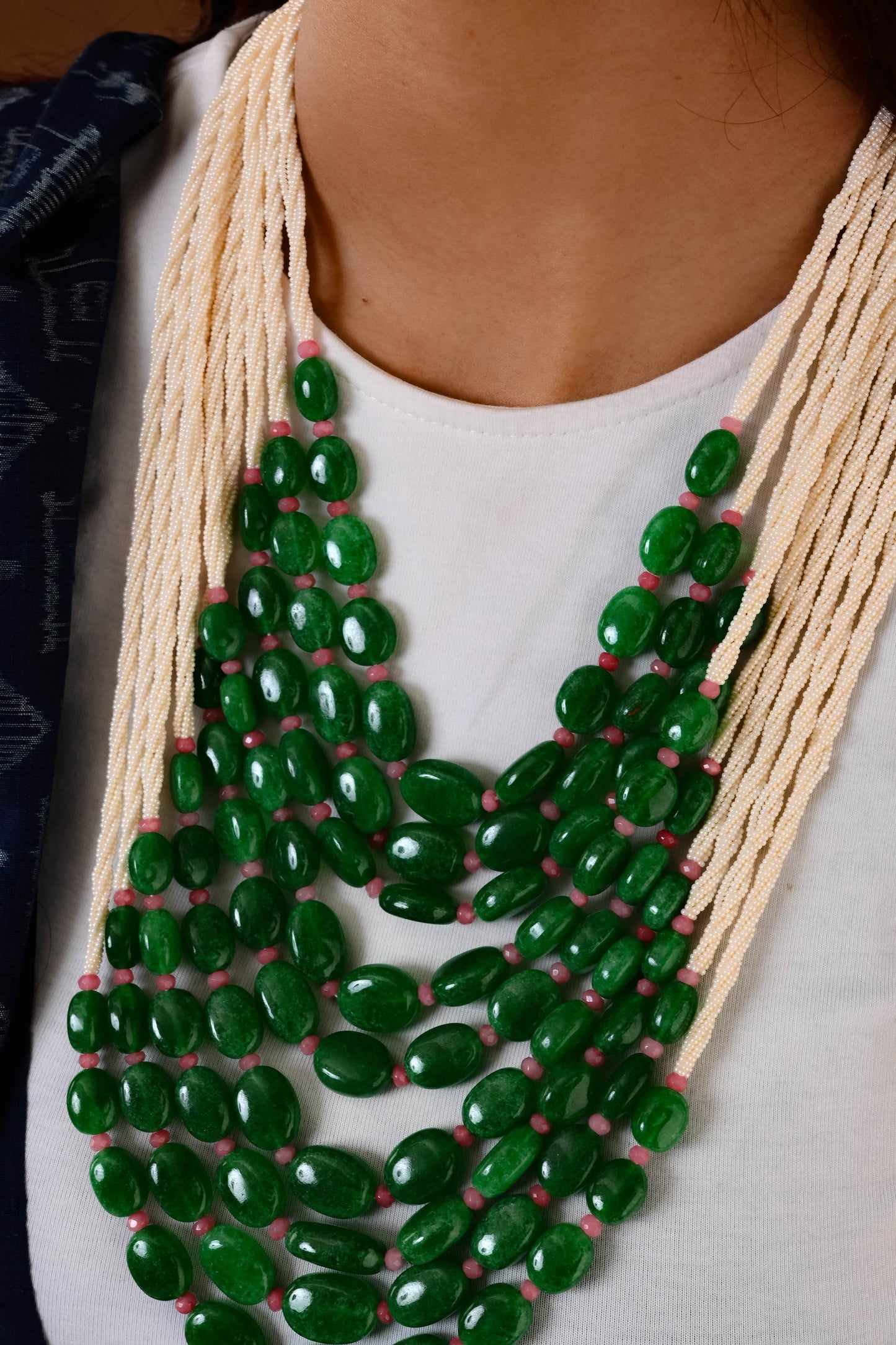 Green And Pink Quartz Multilayered Necklace