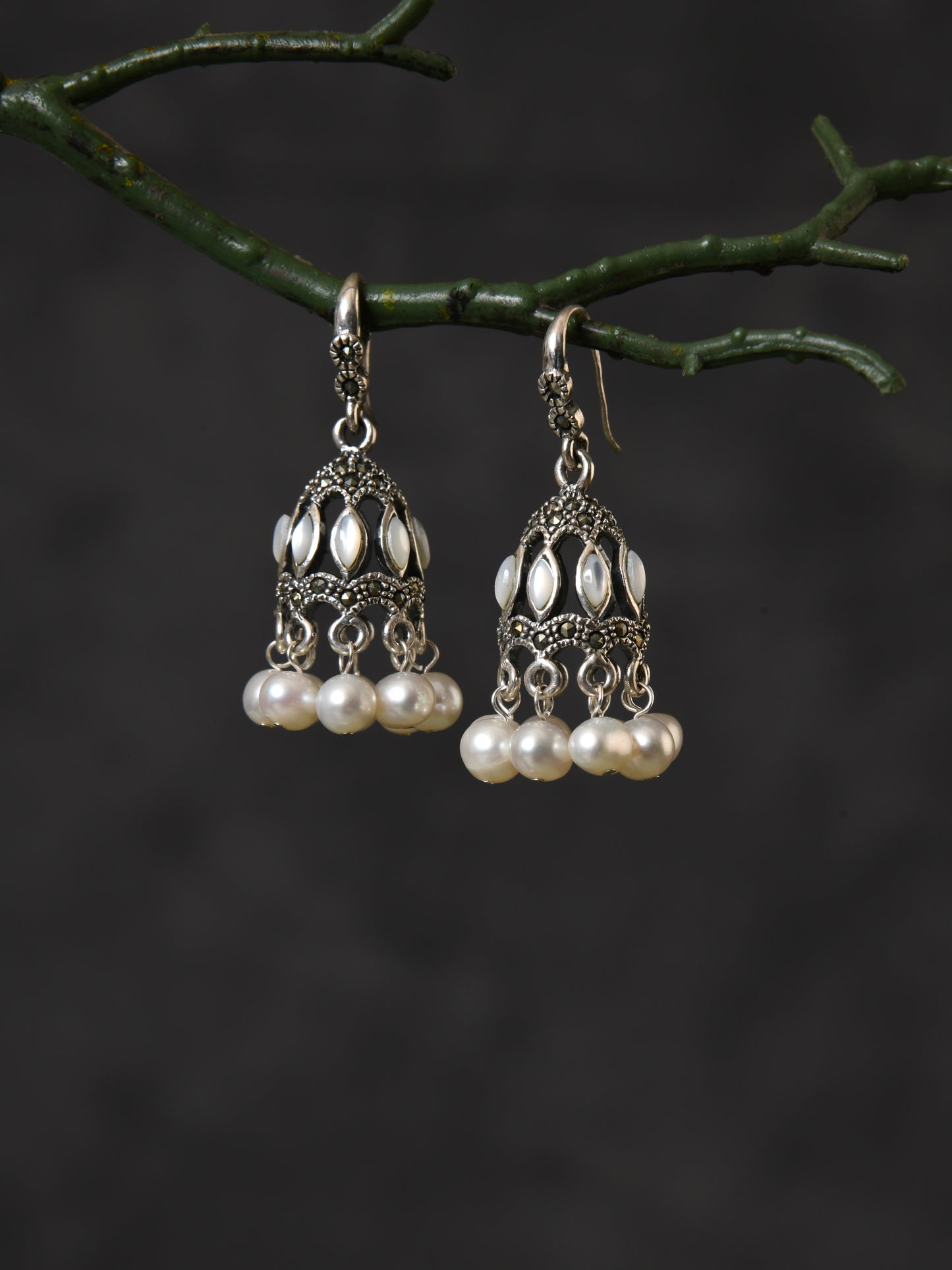 Oxidised Silver Pearl Noorani Jhumka