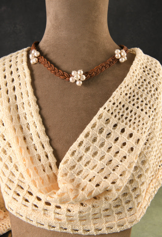 Pearl Bunched Leather Cords Necklace