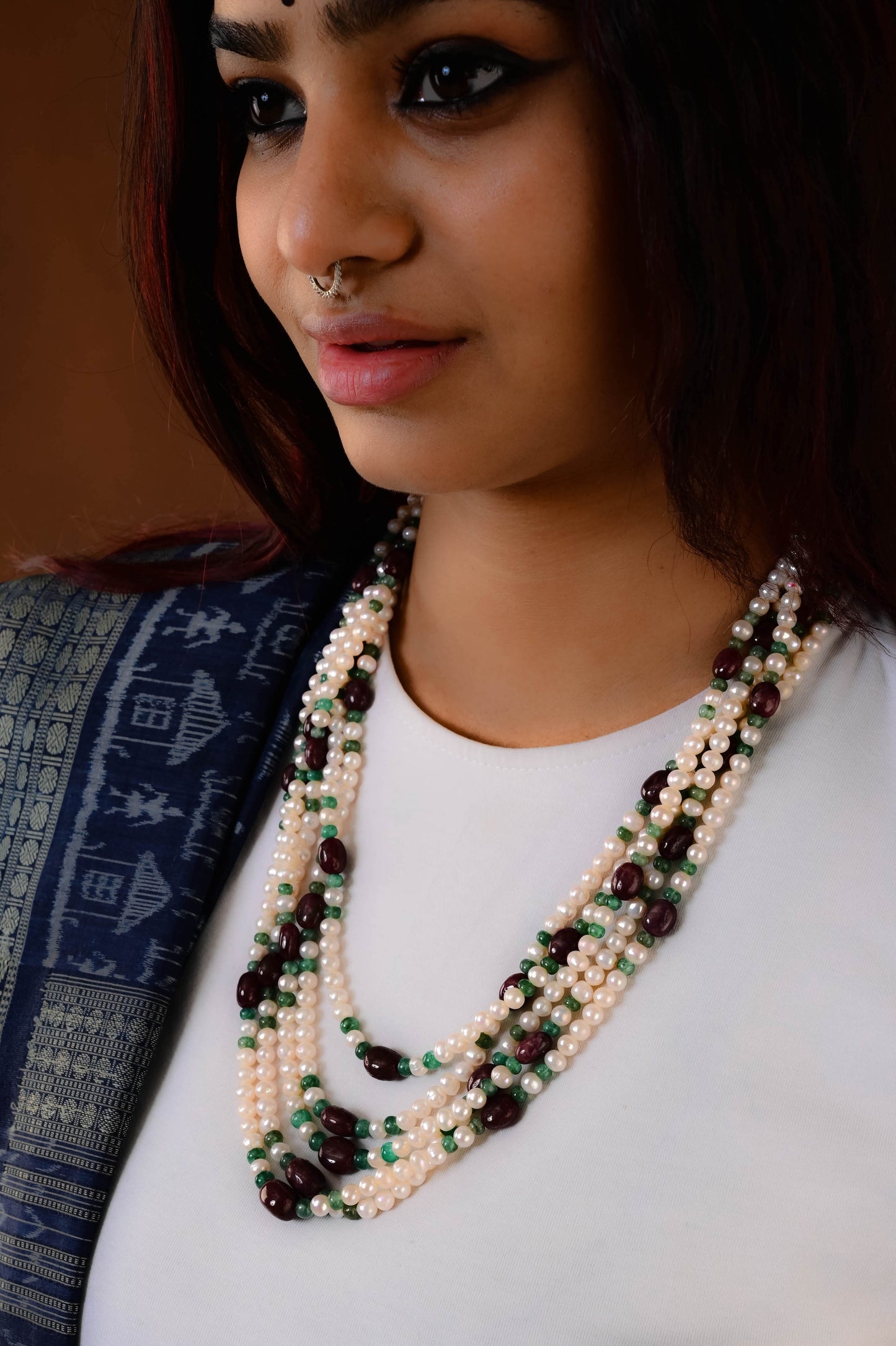 Pearls, Emerald Green, Ruby Pink Layered Necklace