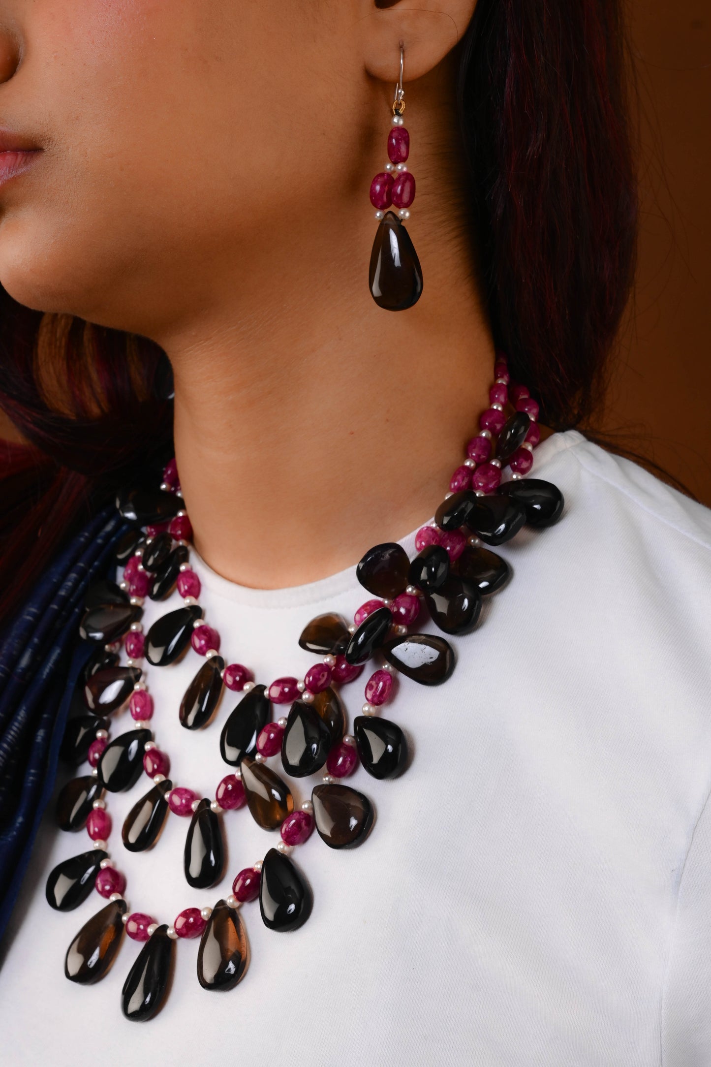Smoky Quartz, Red Onyx, Pearls Triple layered Necklace with Earrings