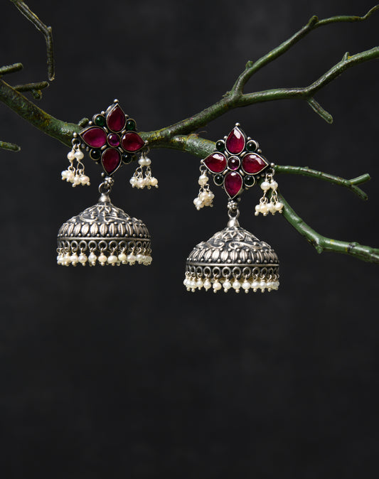 Silver Royal Cut Stone Jhumka Earrings