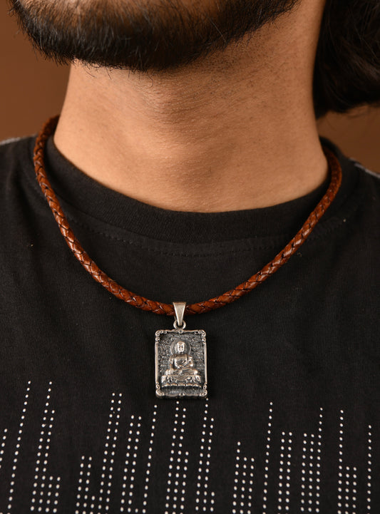 Silver Buddha Pendant In Leather Chord