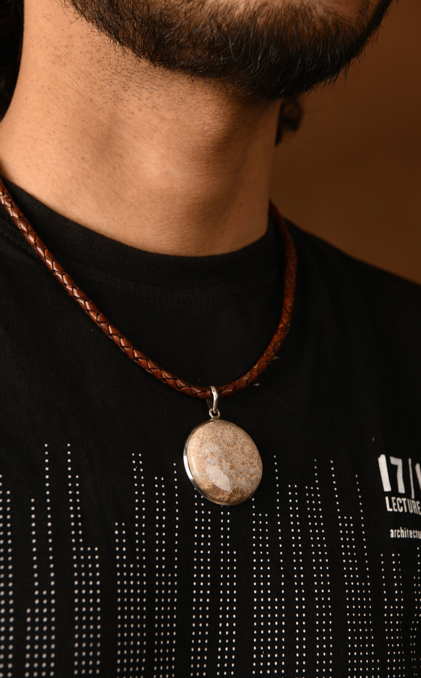 Ammonite Silver Pendant in Leather Chord