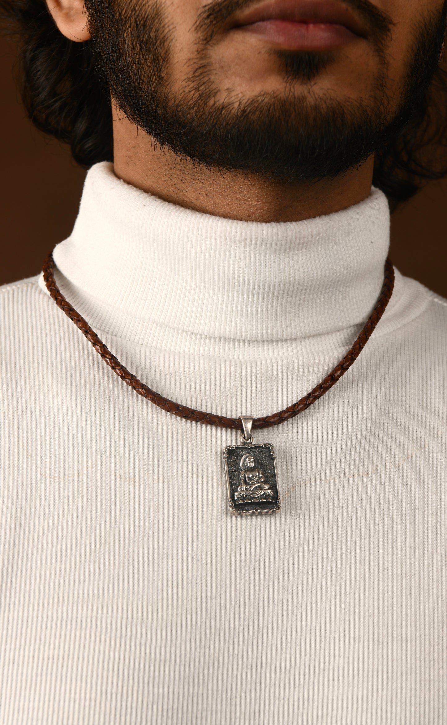 Silver Buddha Pendant In Leather Chord