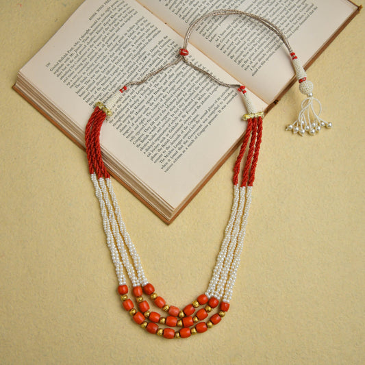 Pearl Coral And Gold Beads Triple Layered Necklace
