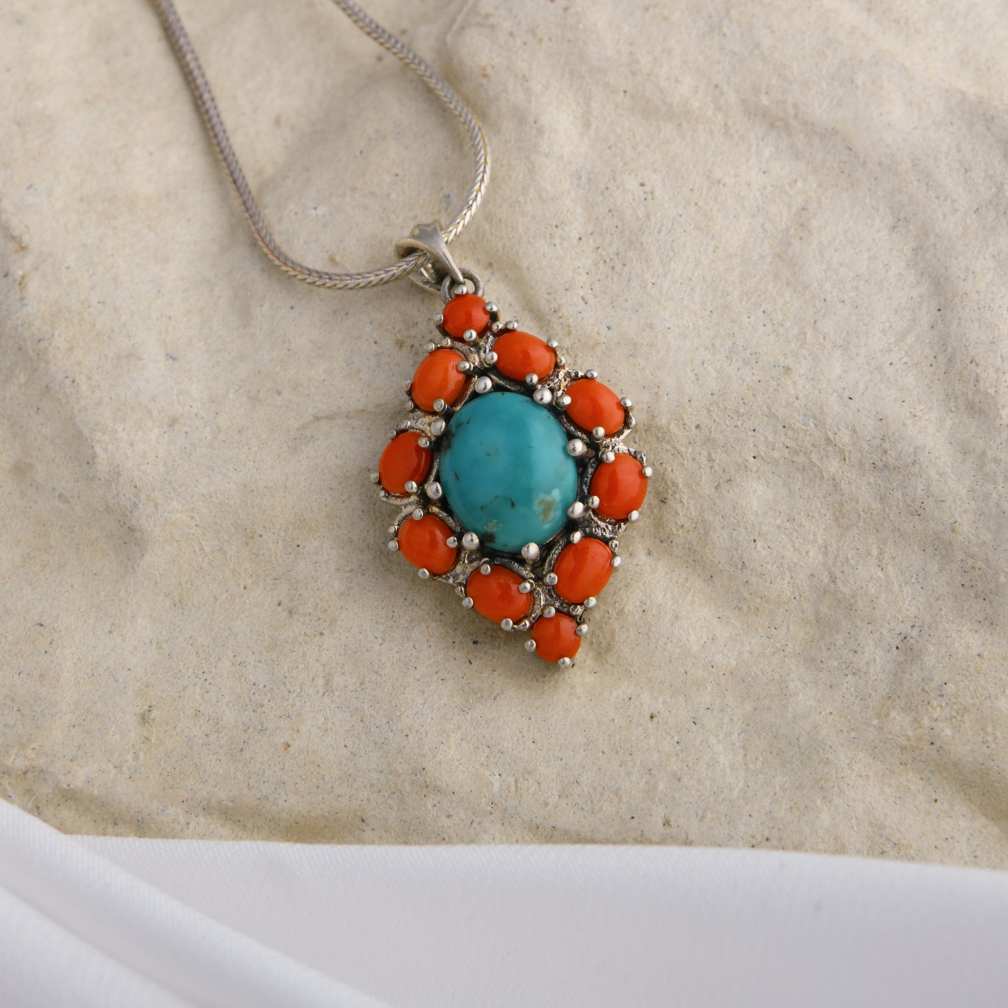 Turquoise Coral Silver Pendant