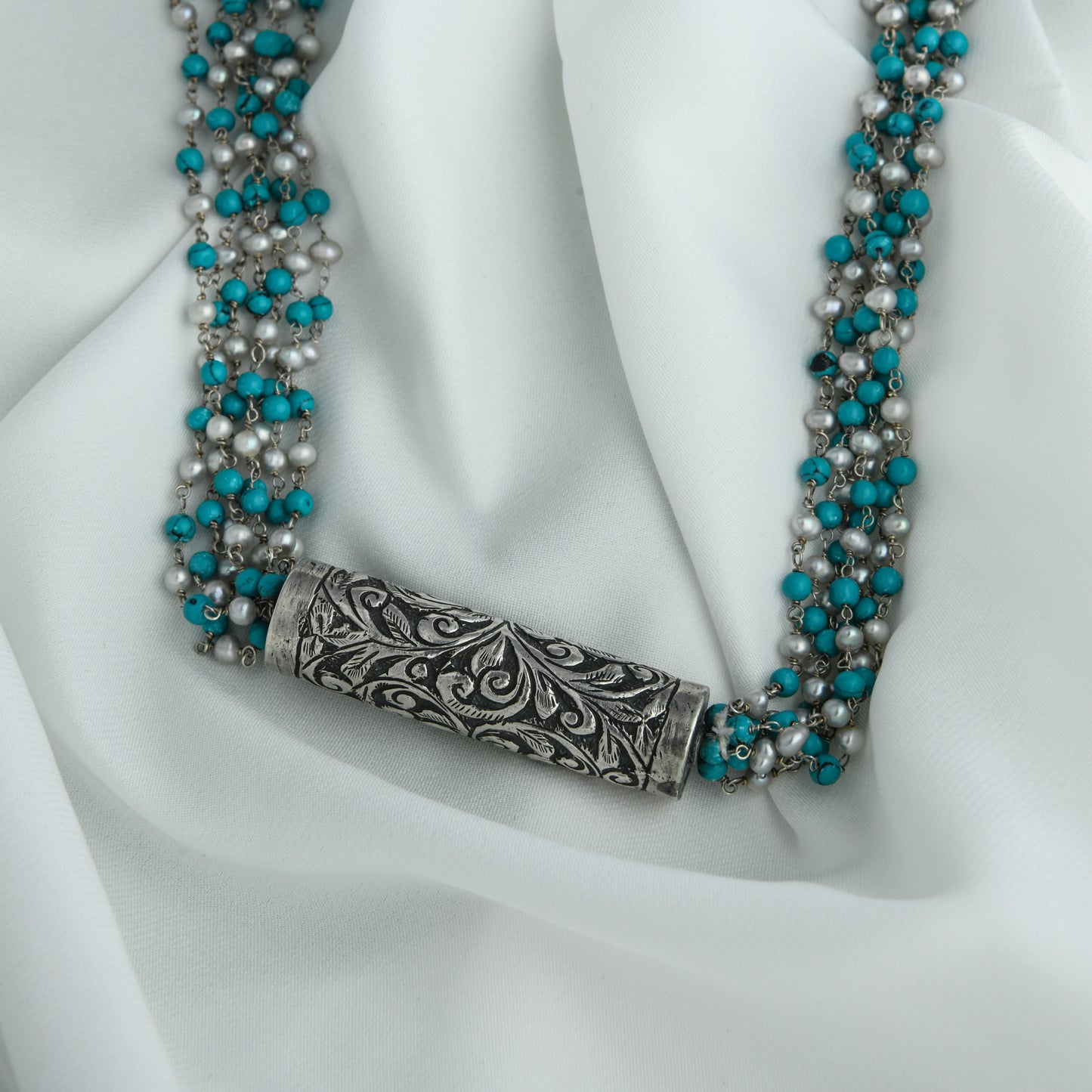 Turquoise Pearl Silver Necklace
