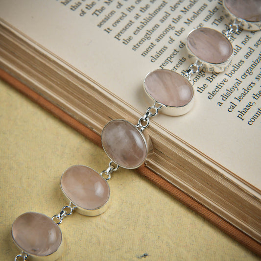 Rose Quartz Oval Link Silver Bracelet