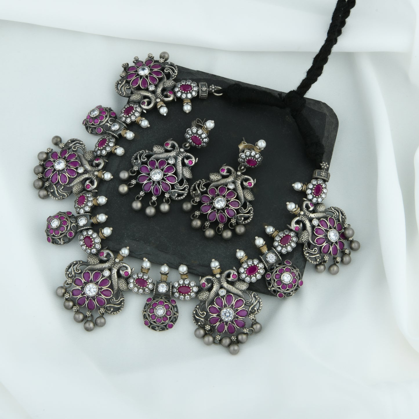 South Indian Peacock Silver Temple Necklace Set