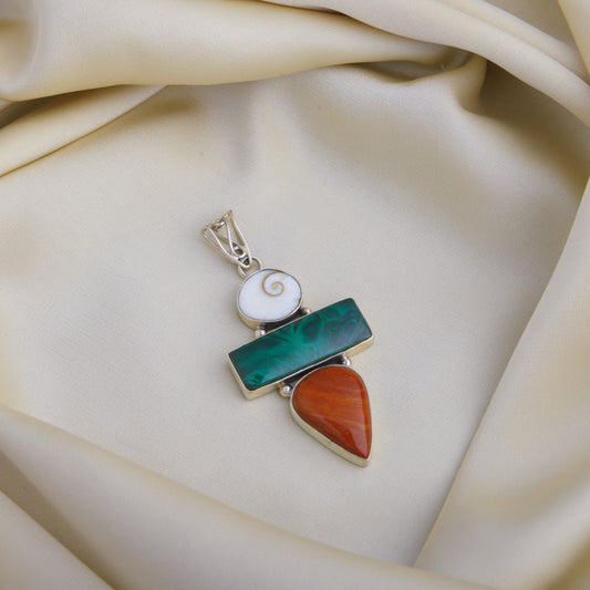 Shiva Eye Malachite and Red Jasper Silver Pendant