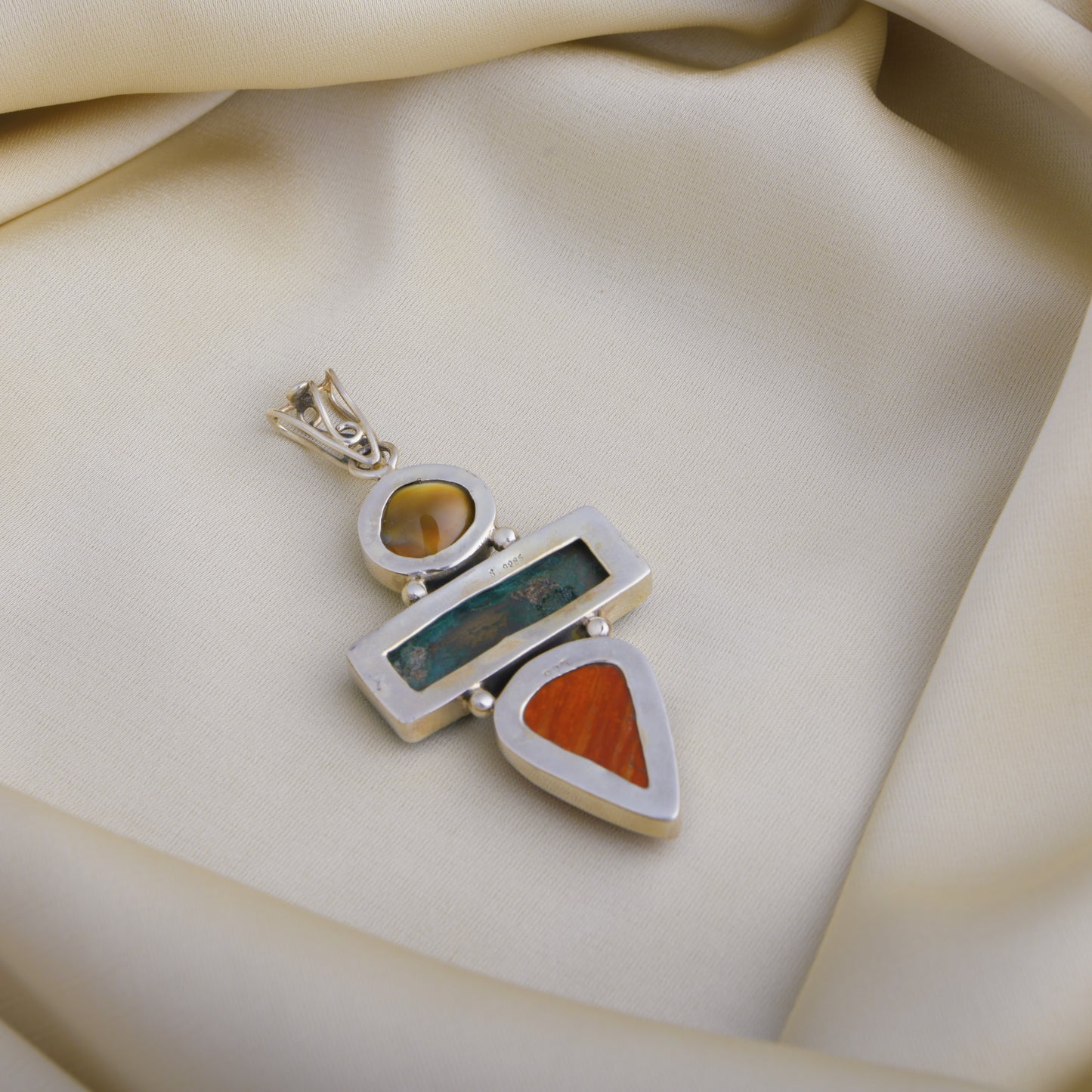 Shiva Eye Malachite and Red Jasper Silver Pendant