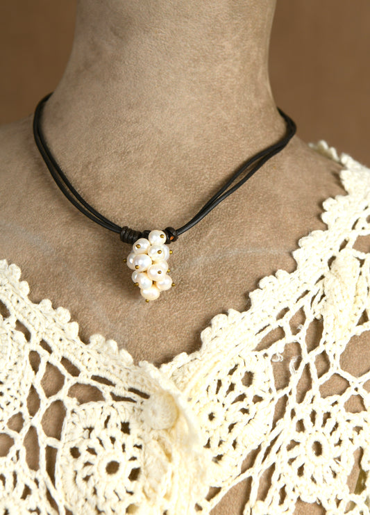 Leather And Pearl Bunch Necklace