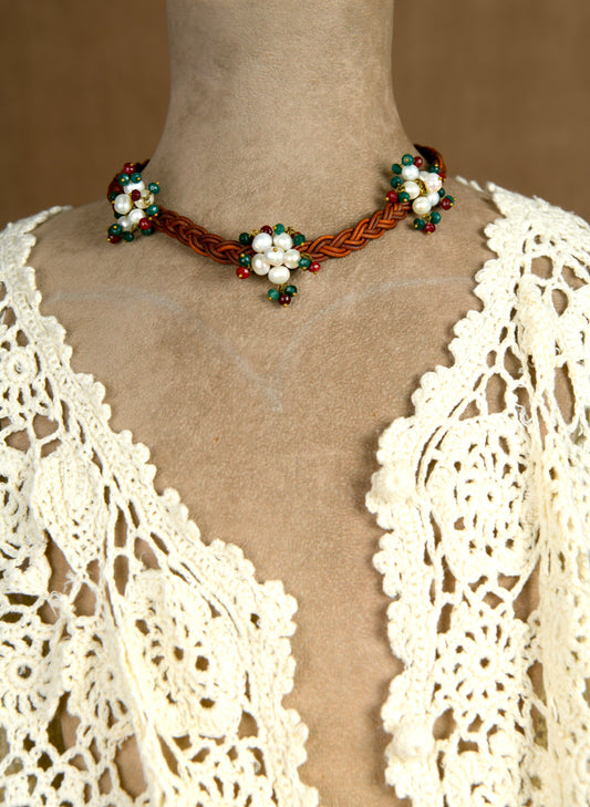 Leather Freshwater Pearl Flora Necklace