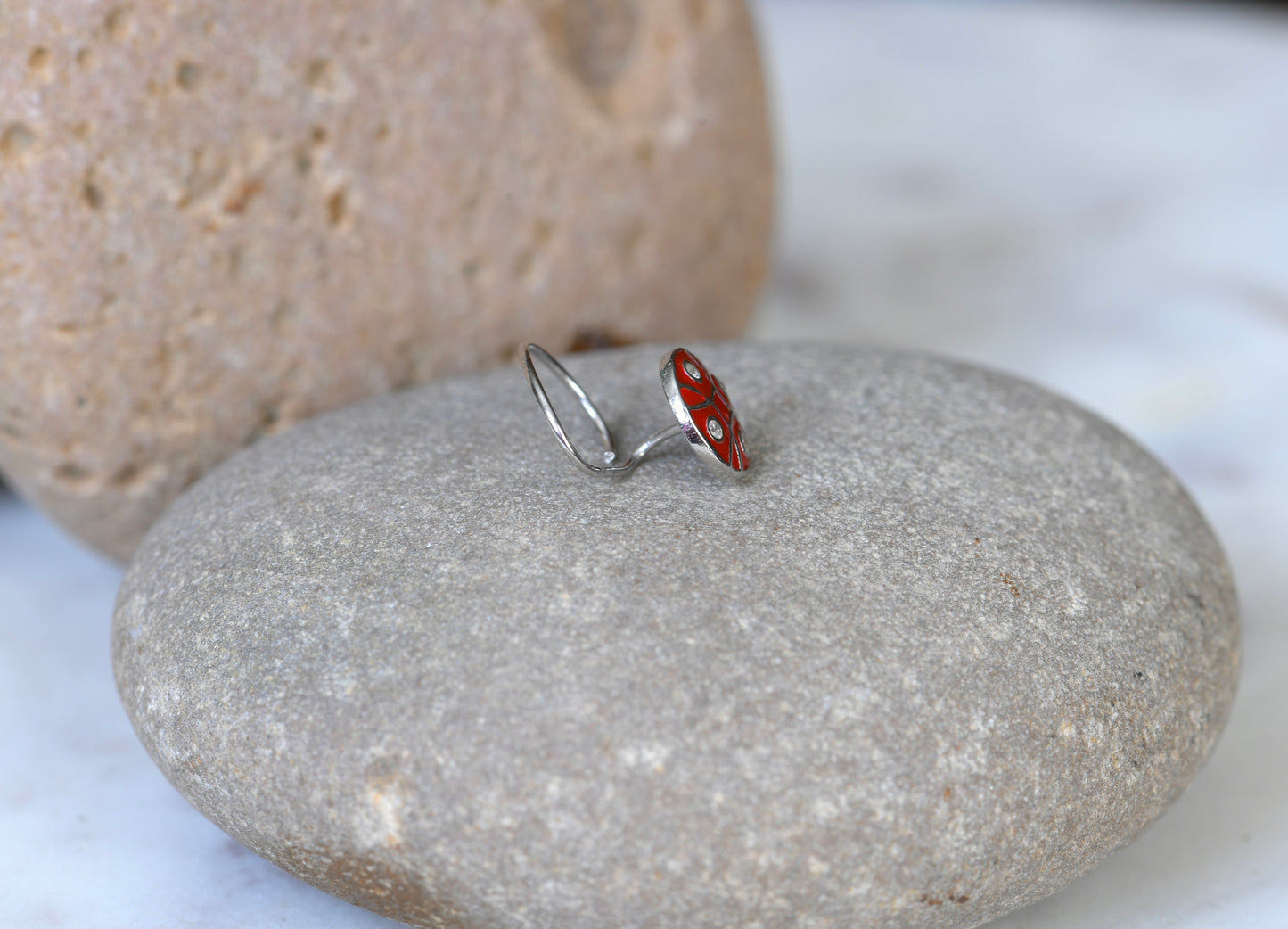 Red Enamel And Zirconia Silver Nose Pin