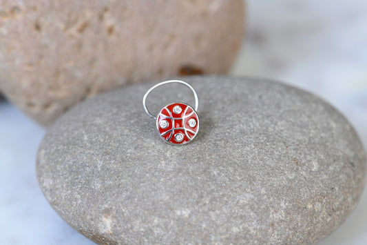 Red Enamel And Zirconia Silver Nose Pin