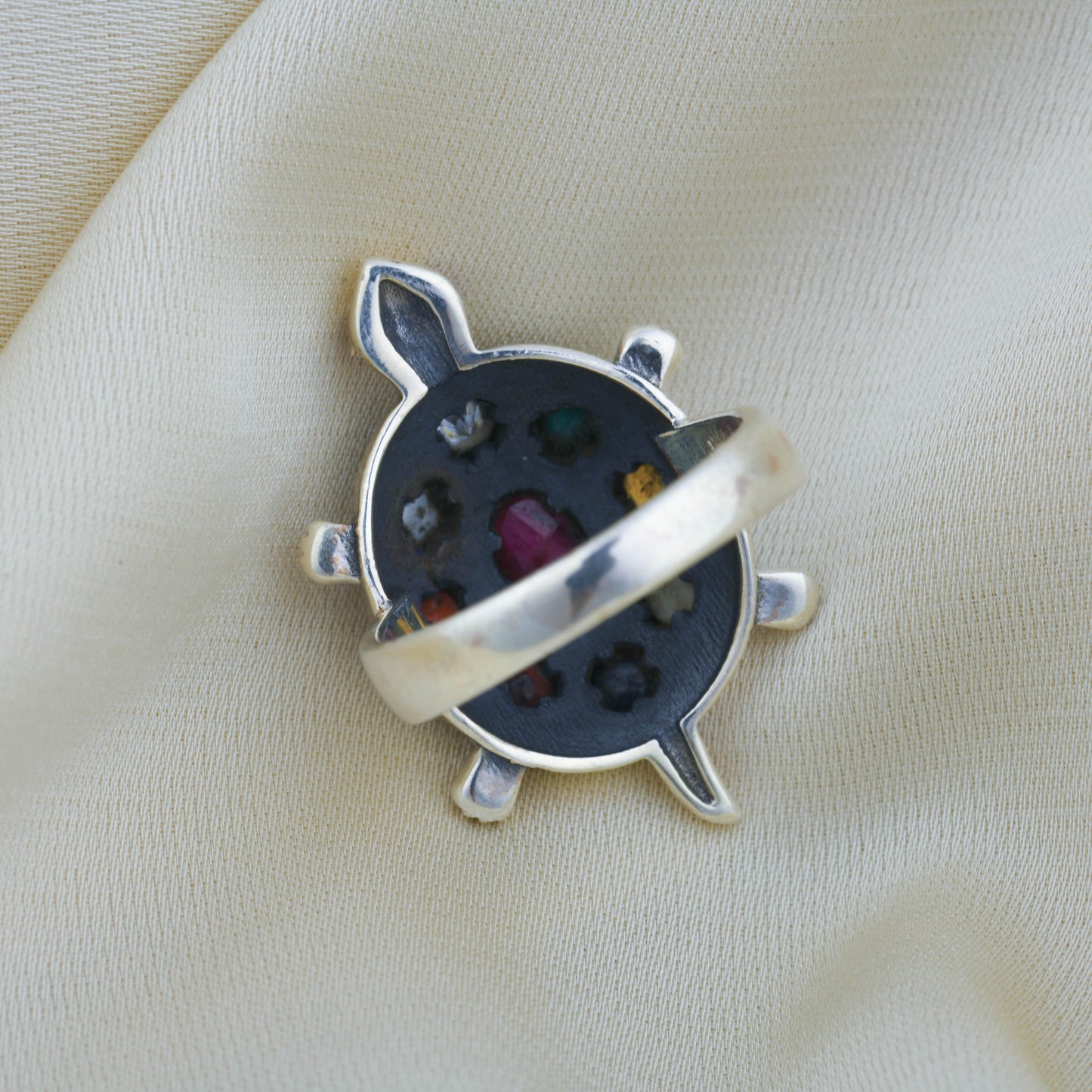 Navratna Turtle Silver Ring
