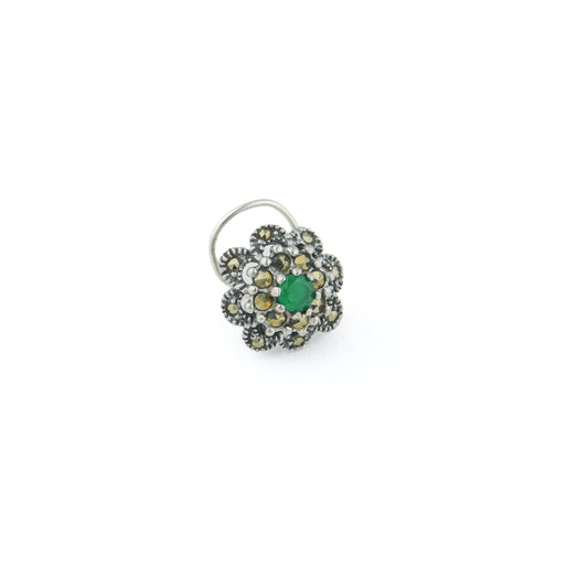 Emerald Marcasite Floral Silver Nose Pin