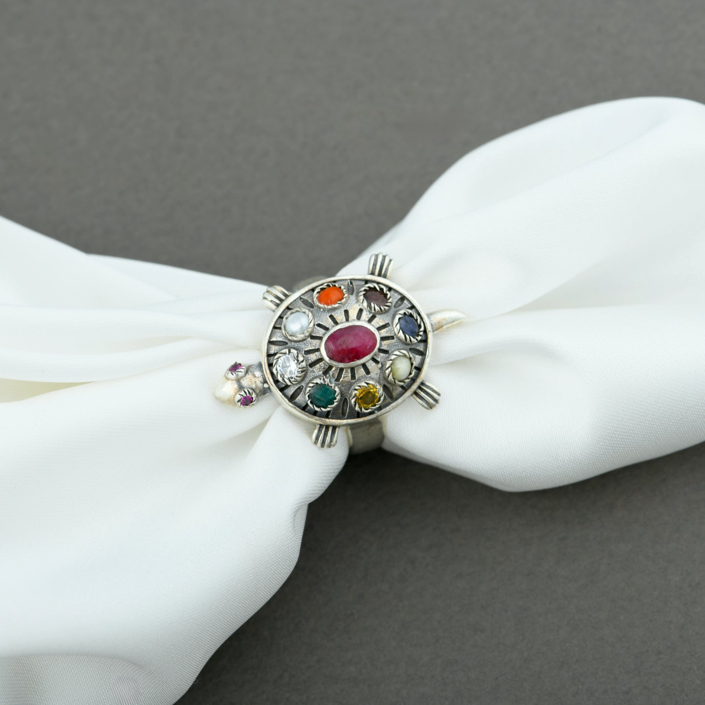 Navratna Turtle Silver Ring