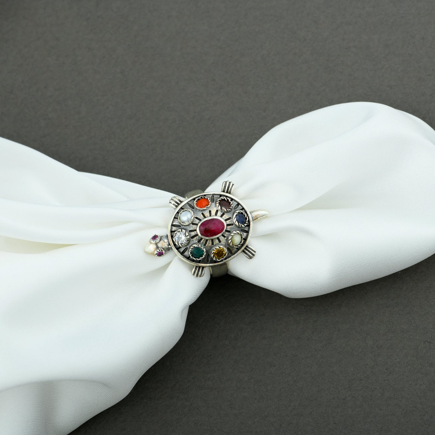 Navratna Turtle Silver Ring