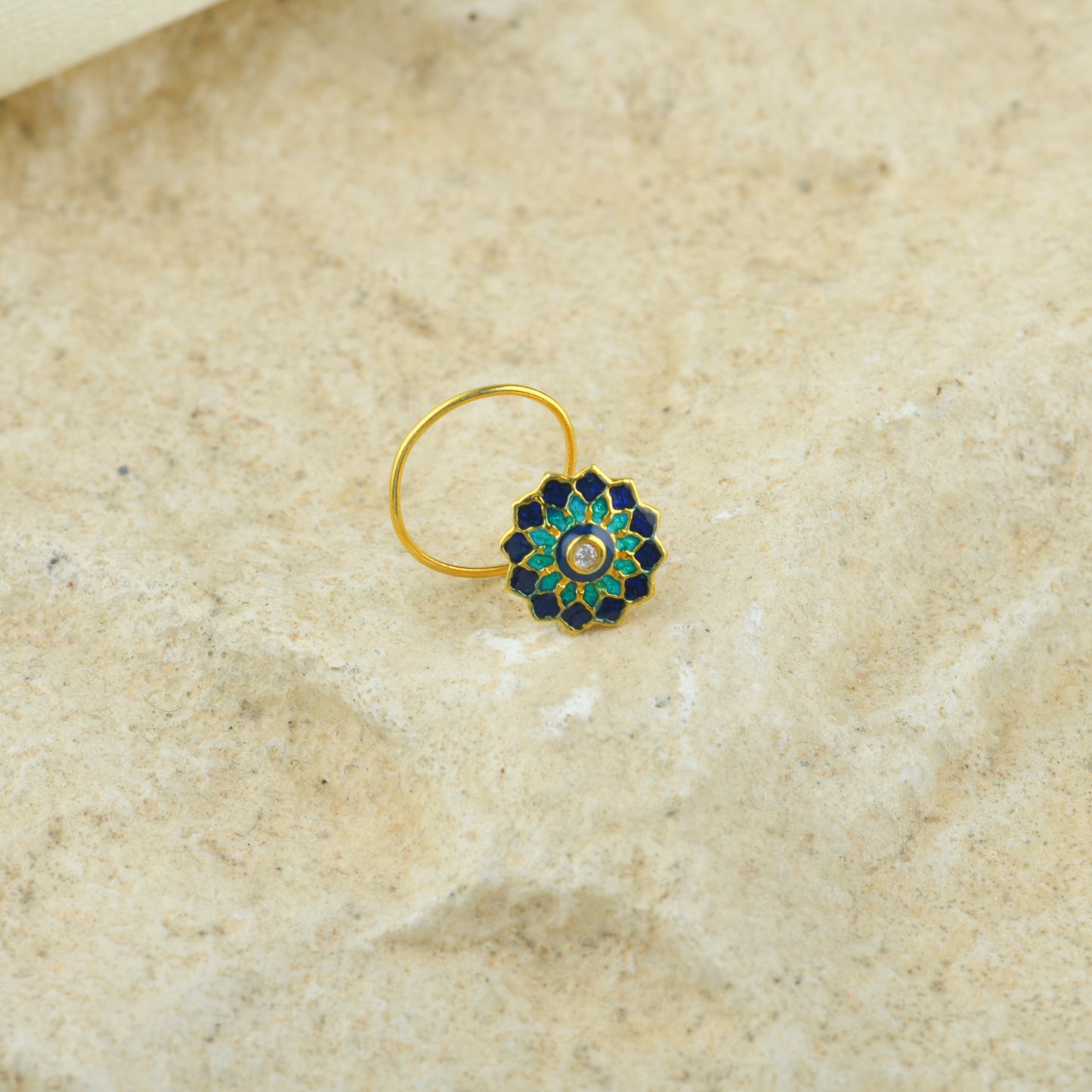Sunflower Spark Meena Gold Plated Silver Nose Pin