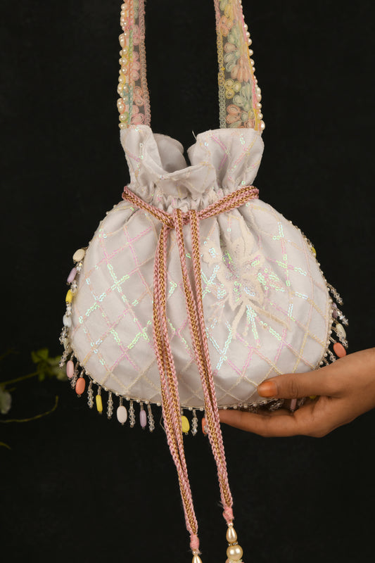 Serene White Embroidered Potli