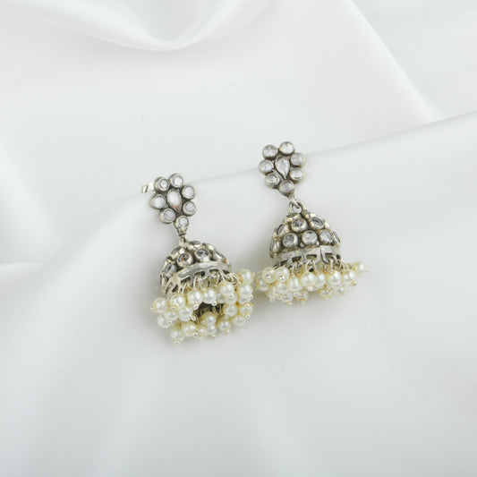 HIbiscus Silver Jhumki With Pearl Tassels