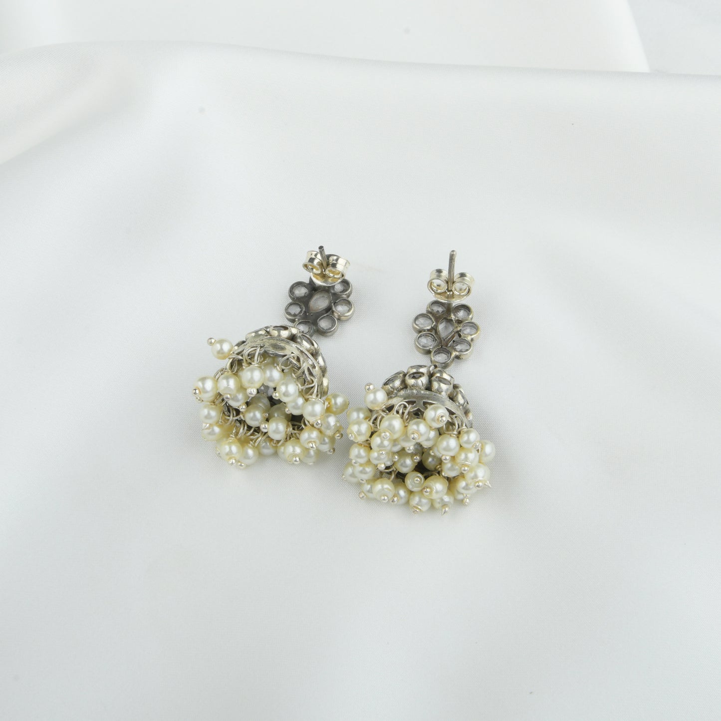 HIbiscus Silver Jhumki With Pearl Tassels
