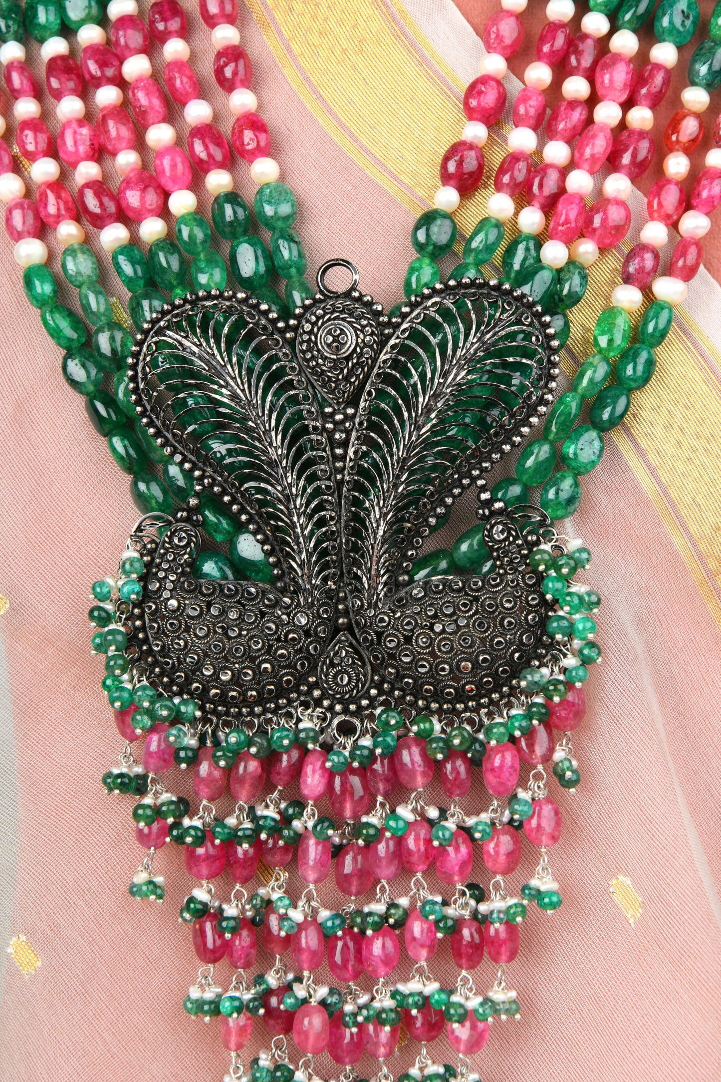 Rambagh Royal Peacock Silver Necklace Set