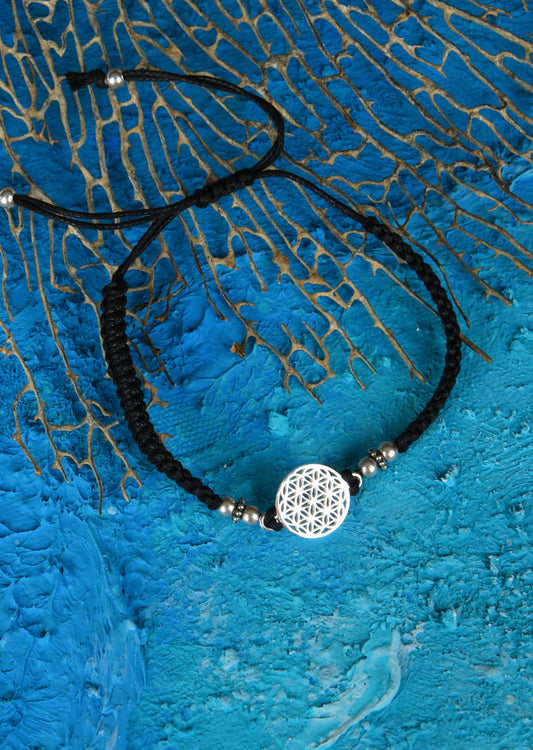 Black Thread Flower Of Life 925 Silver Anklet