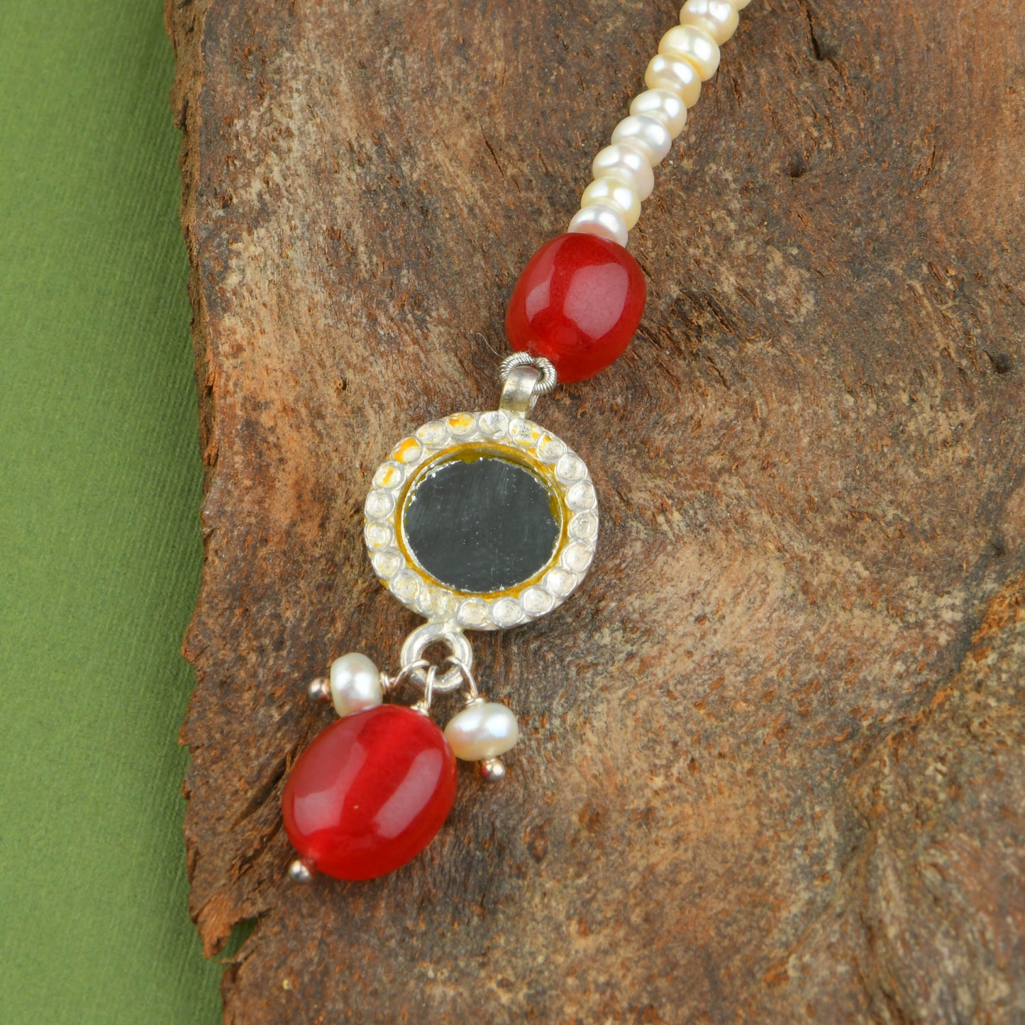 Madhu Chandrika Mirror Pearl Silver Maang Tikka