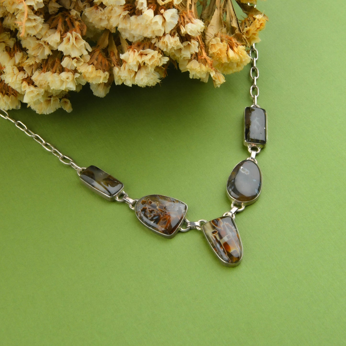 Unique Brown Agates Silver Necklace
