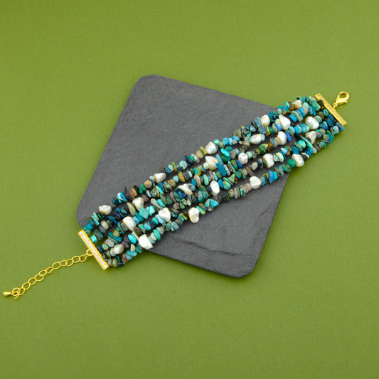 Natural Chrysocolla And Pearls Multilayered Bracelet