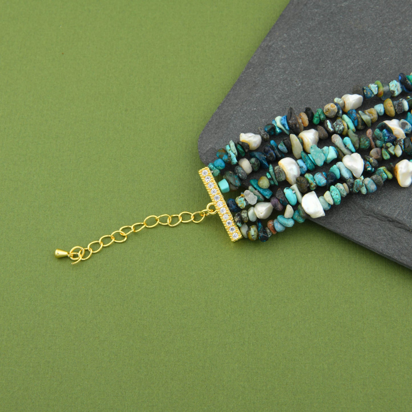 Natural Chrysocolla And Pearls Multilayered Bracelet