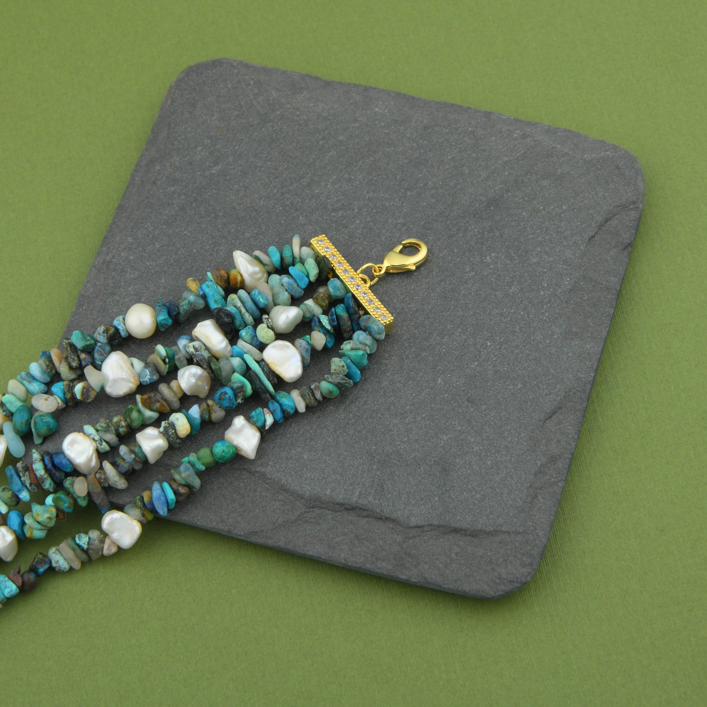 Natural Chrysocolla And Pearls Multilayered Bracelet