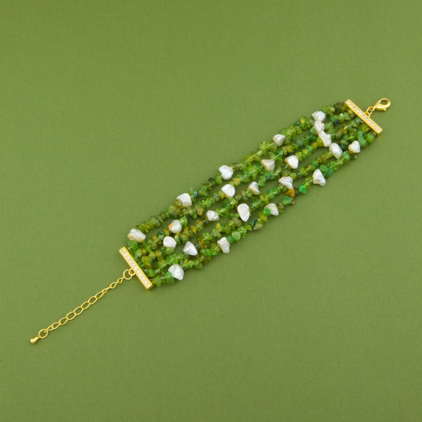 Natural Peridot And Pearls Multi Layered Bracelet
