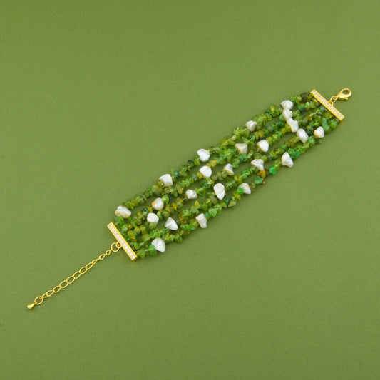 Natural Peridot And Pearls Multi Layered Bracelet