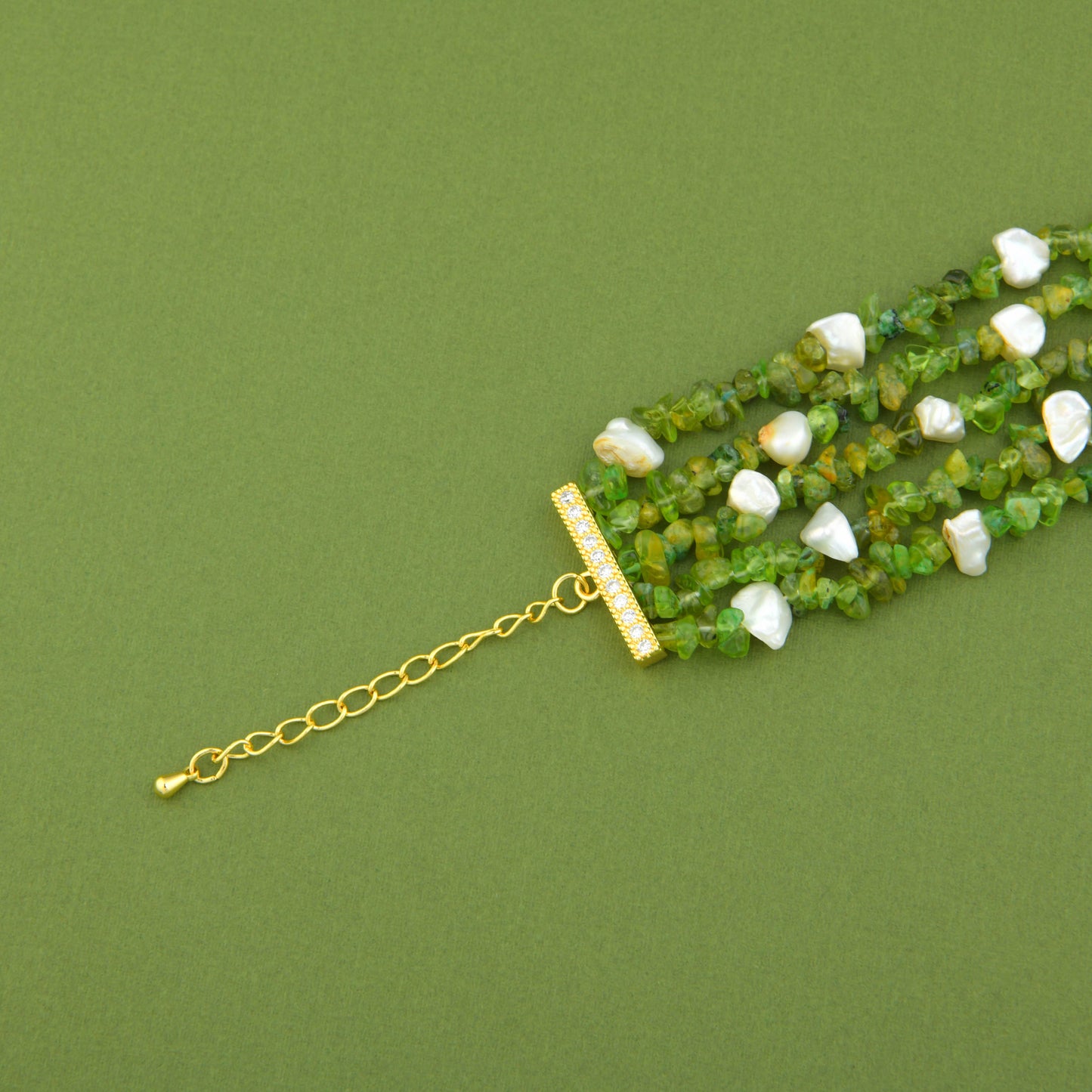 Natural Peridot And Pearls Multi Layered Bracelet