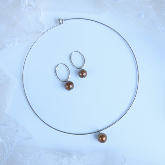Minimal Chocolate Pearl Silver Hasli Set