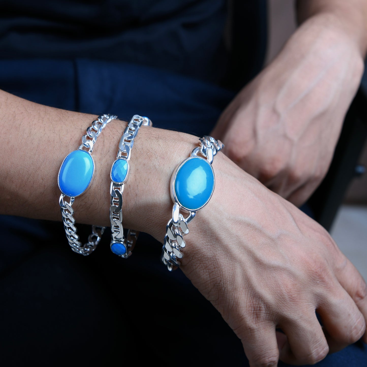 Triple Turquoise Silver Men Bracelet