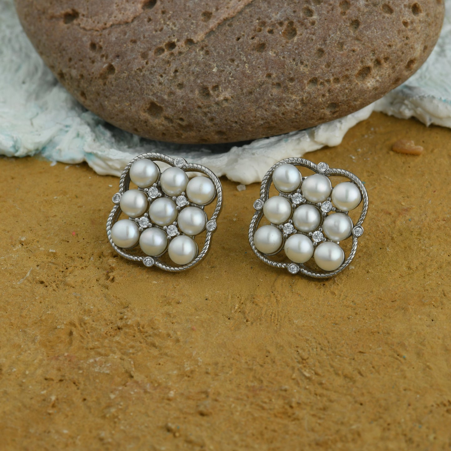 Premium Freshwater Pearls And Silver(Rhodium Plated) Square Studs