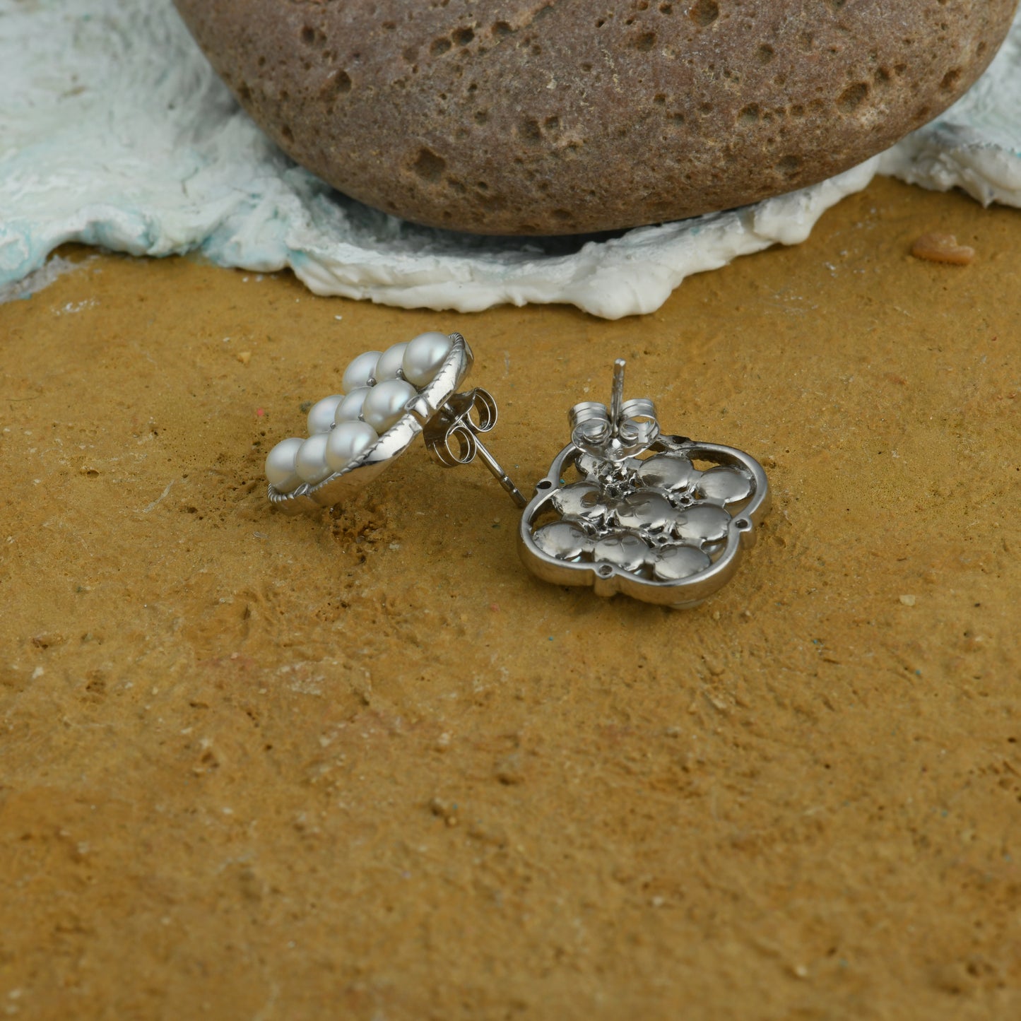 Premium Freshwater Pearls And Silver(Rhodium Plated) Square Studs