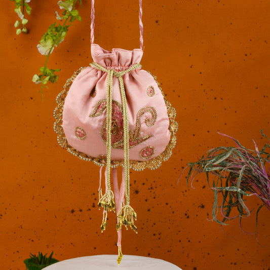 Peach Royal Zardozi Hand Embroidered Potli