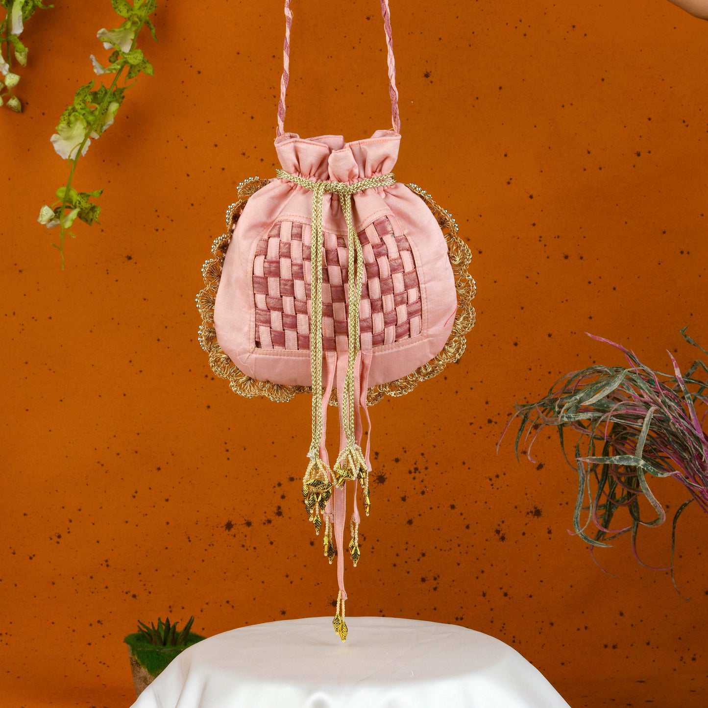 Peach Royal Zardozi Hand Embroidered Potli